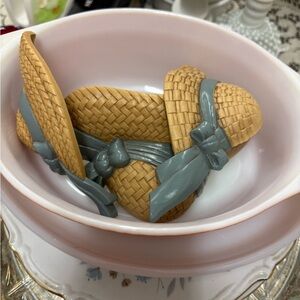 Homco Tan Straw Hat Decor with Blue Ribbon set of 3